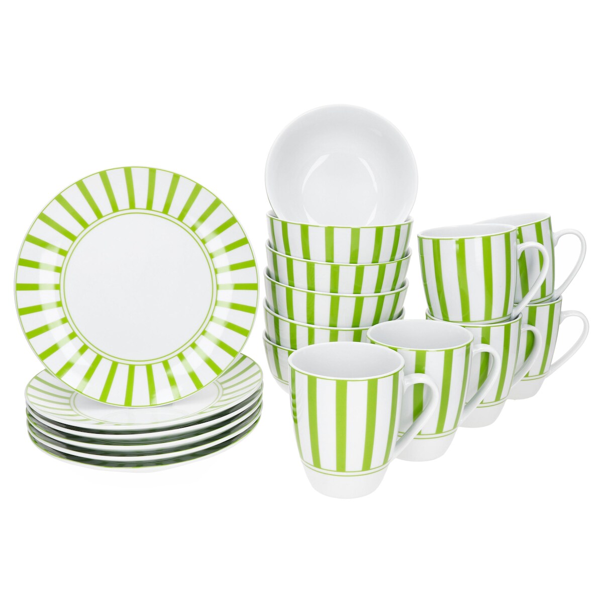 Split grün 18tlg Frühstücksset Porzellan Teller Müslischalen Becher gestreift Image
