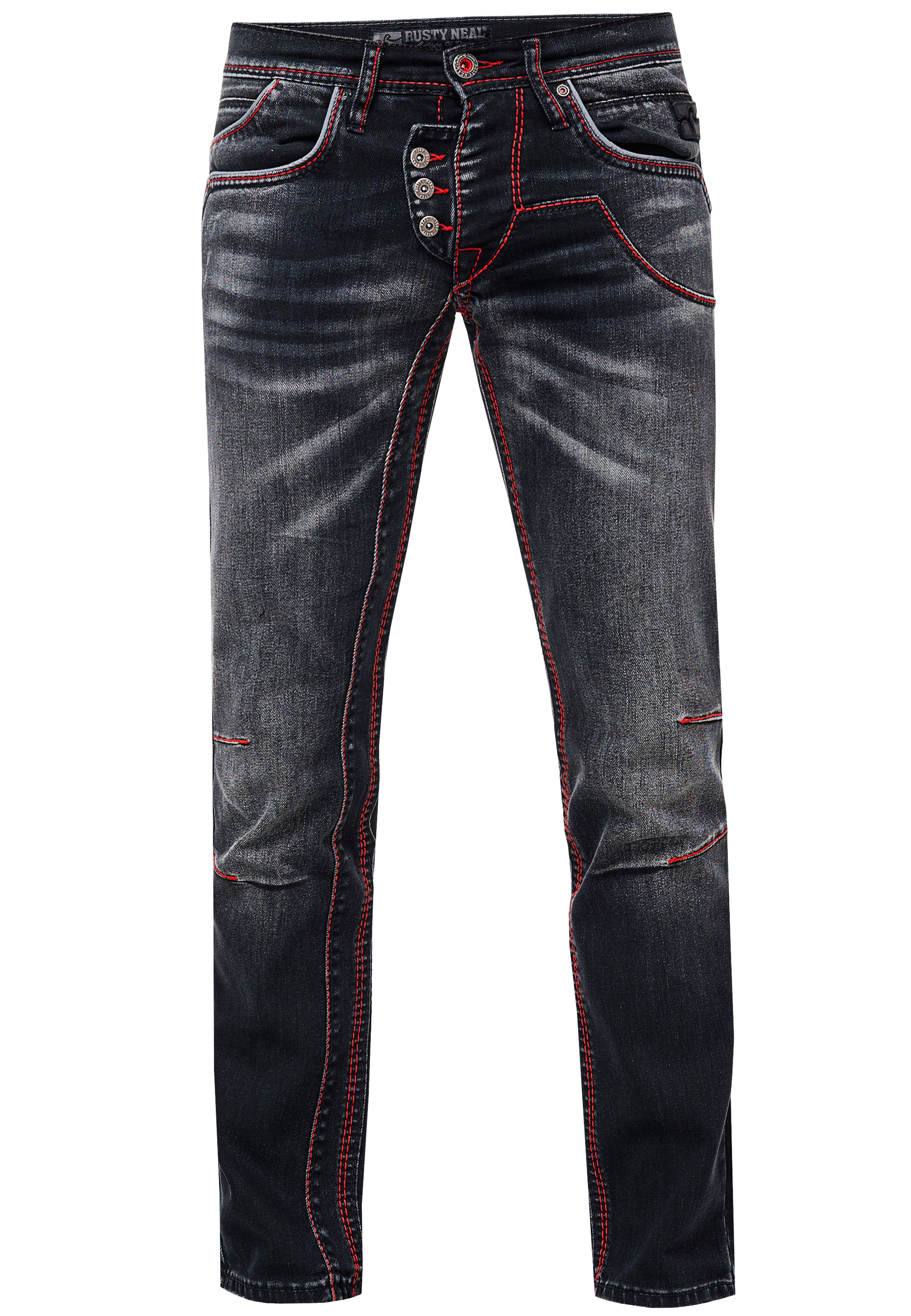 Jeans Hose "RUBEN" Black Used mit Neon Roter Ziernaht Image