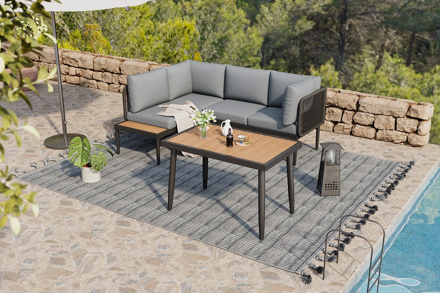 Garten-Essgruppe mit Ecksofa & Esstisch, verzinktes Stahlrohr, Kunststoff-Holzplatte, Outdoor Gartenmöbel Set, grau Image