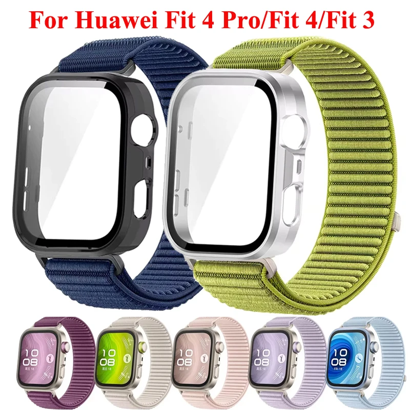 Glasgehäuse + Feld-Nylon-Schlaufenarmband für Huawei Watch Fit 4, Pro, gewebtes Sportarmband für Huawei Watch Fit 3/4 Armband Image