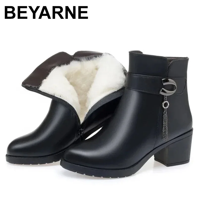 2025 mode Weiches Leder Frauen Stiefeletten High Heels Zipper Schuhe Warme Wolle Winter Stiefel für Frauen Plus Größe 35-43