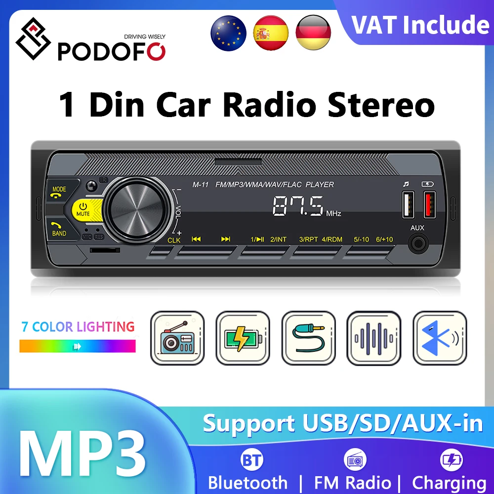 Podofo Auto-Audio-Radio, 1 Din, MP3, Autoradio, Bluetooth, FM, AUX, USB, bunte Tasten, APP, Fernbedienung, Auto-Multimedia-Player Image