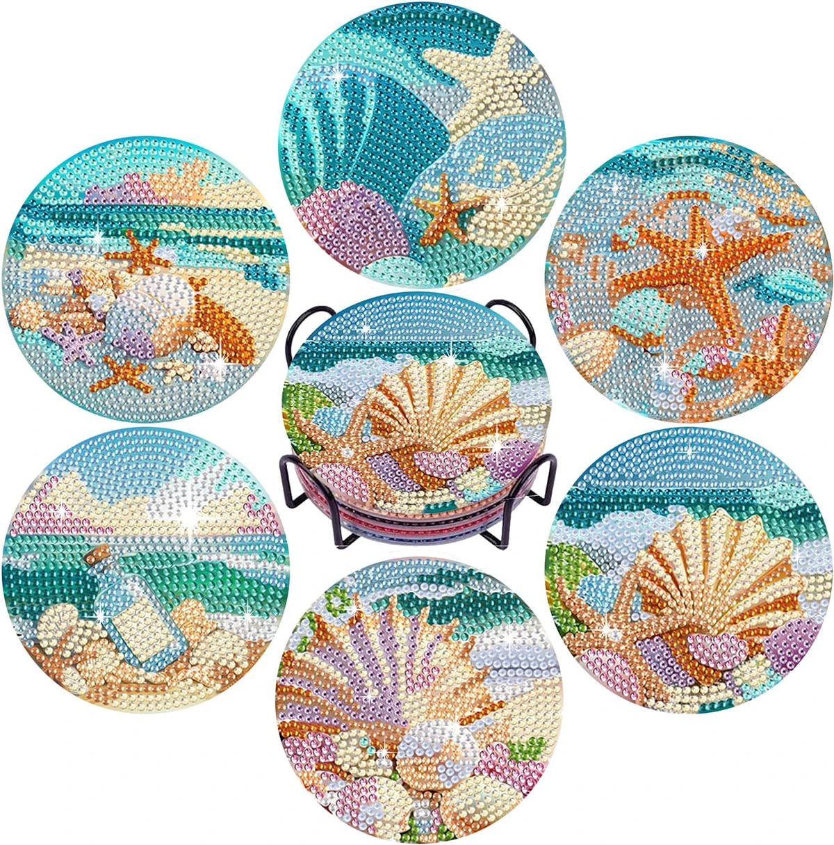 6 Stück/Set Diamantbemalte Holzuntersetzer mit Strandlandschaftsmuster, kreative diamantbemalte Untersetzer zum Selbermachen, Weihnachtsgeschenke Image