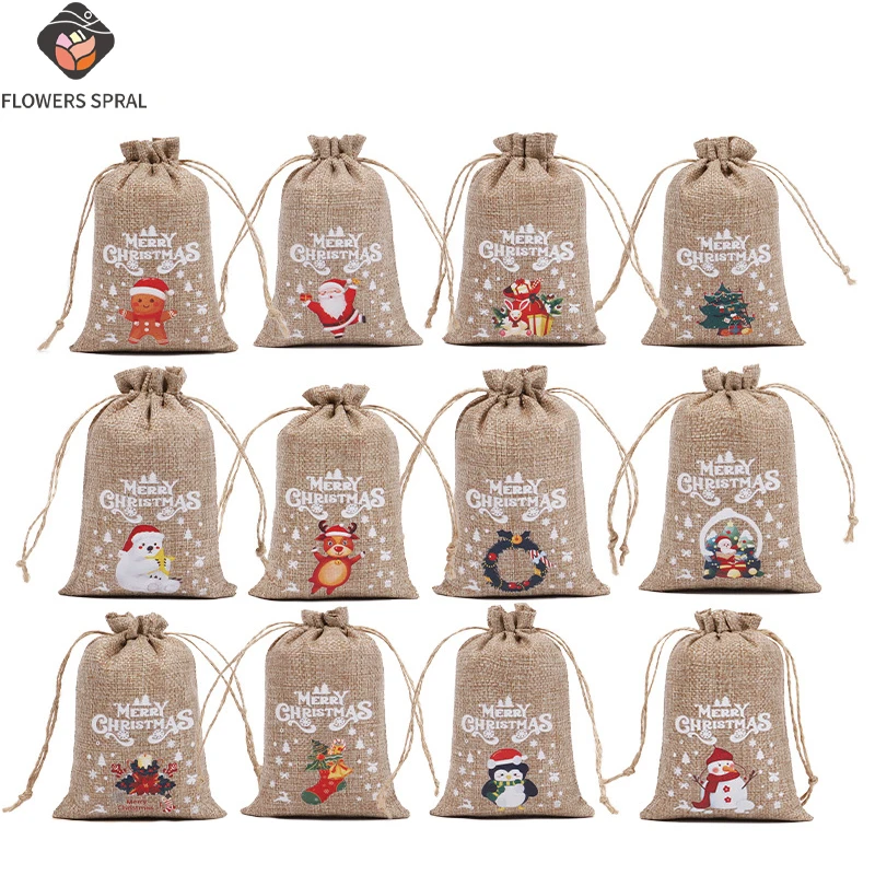 20 Stück Frohe Weihnachten Geschenkverpackungsbeutel, Kordelzug-Design, Aufbewahrungstasche mit Cartoon-Muster, freie Wahl des Stils Image