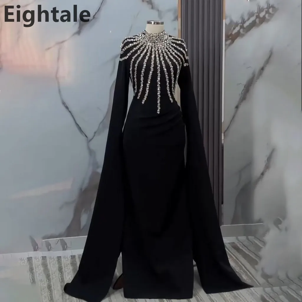 Eightale 2025 Black Muslim Lone Sleeve High Neck Saudi Arabia Evening Dresses Beaded Prom Dresses Dubai Formal Party Gown