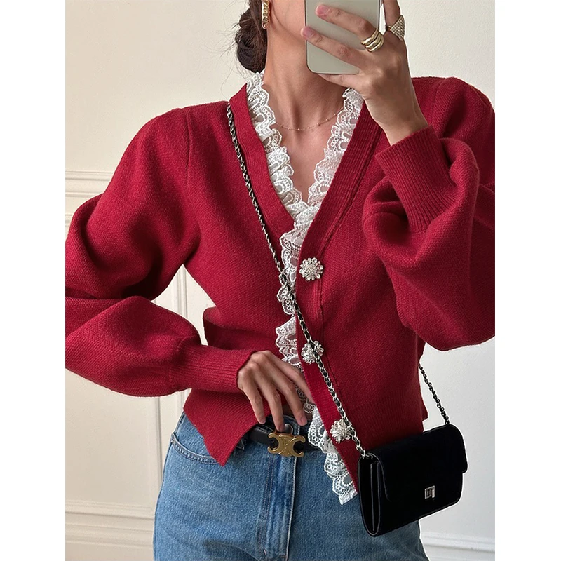 Vintage Rote Strickjacke Frauen Abgeschnitten Spitze Schwarz Pullover Outer Elegante Koreanische V-ausschnitt Strickwaren Winter Design Jumper