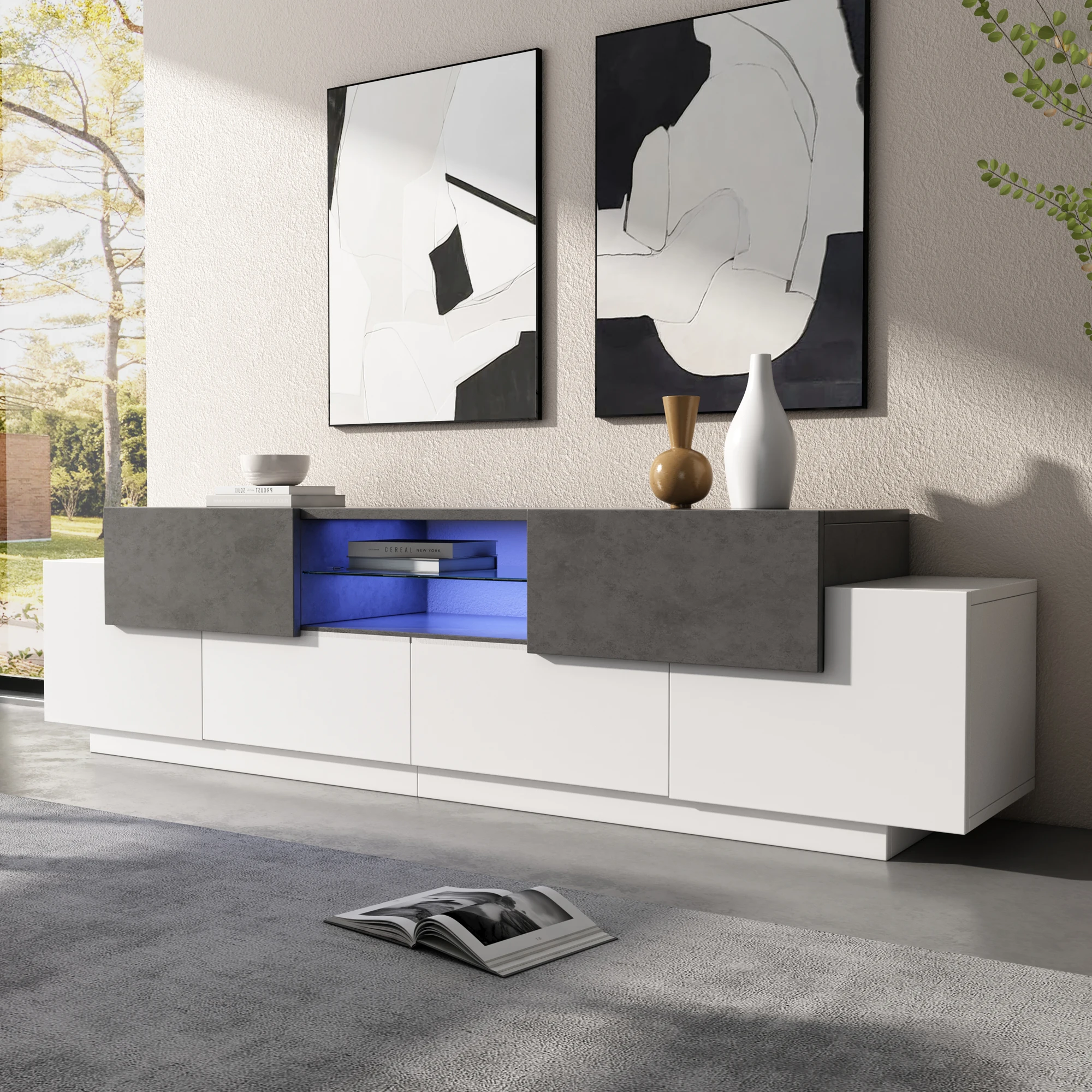 Meuble TV LED, meuble TV, meuble bas, centre de divertissement TV moderne avec étagères en verre pour salon, chambre à coucher, console TV avec