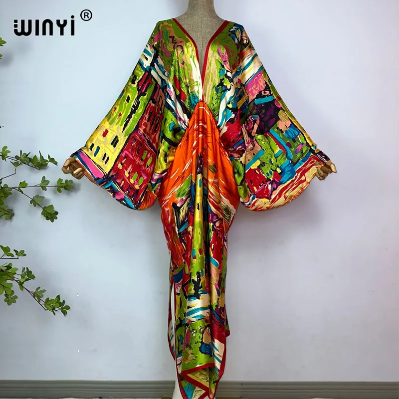 2023 winyi sexy Strand hochwertige Seide fühlen Mode druck Maxi Frauen Roben lange V-Ausschnitt Bohemian Kleid Party Abendkleid Image