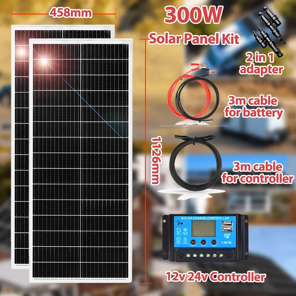 Glas-Solarpanel, 600 W, 300 W, 150 W, monokristallines Silizium, wasserdichtes Solarpanel mit Rahmen aus Aluminiumlegierung/Solar-/Wohnmobil-Panel für Zuhause Image