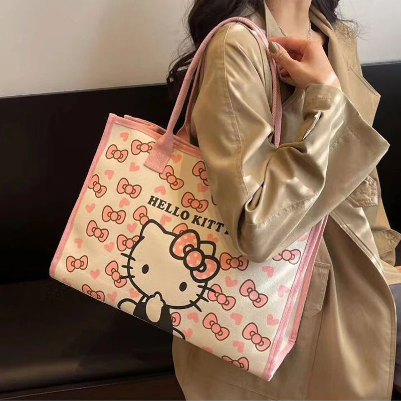 Sanrio Hello Kitty Mama-Tasche, Canvas-Einkaufstasche, Cartoon-Kitty-Katze, tragbare Einkaufstasche, große Kapazität, Pendel-Umhängetaschen