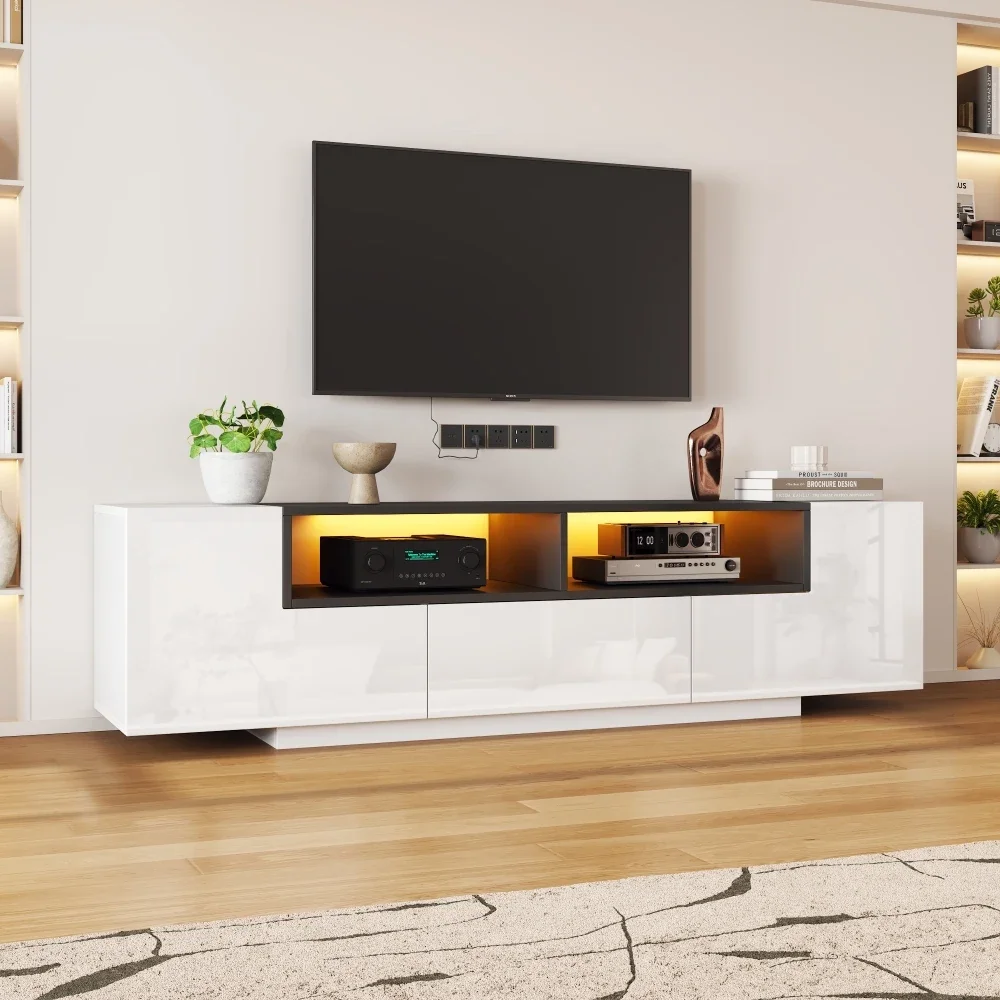 Meuble TV sur pied 180x40x48cm, panneau inférieur avec lumière LED, meuble de salon, meuble TV en blanc brillant, adapté aux téléviseurs de 75 pouces