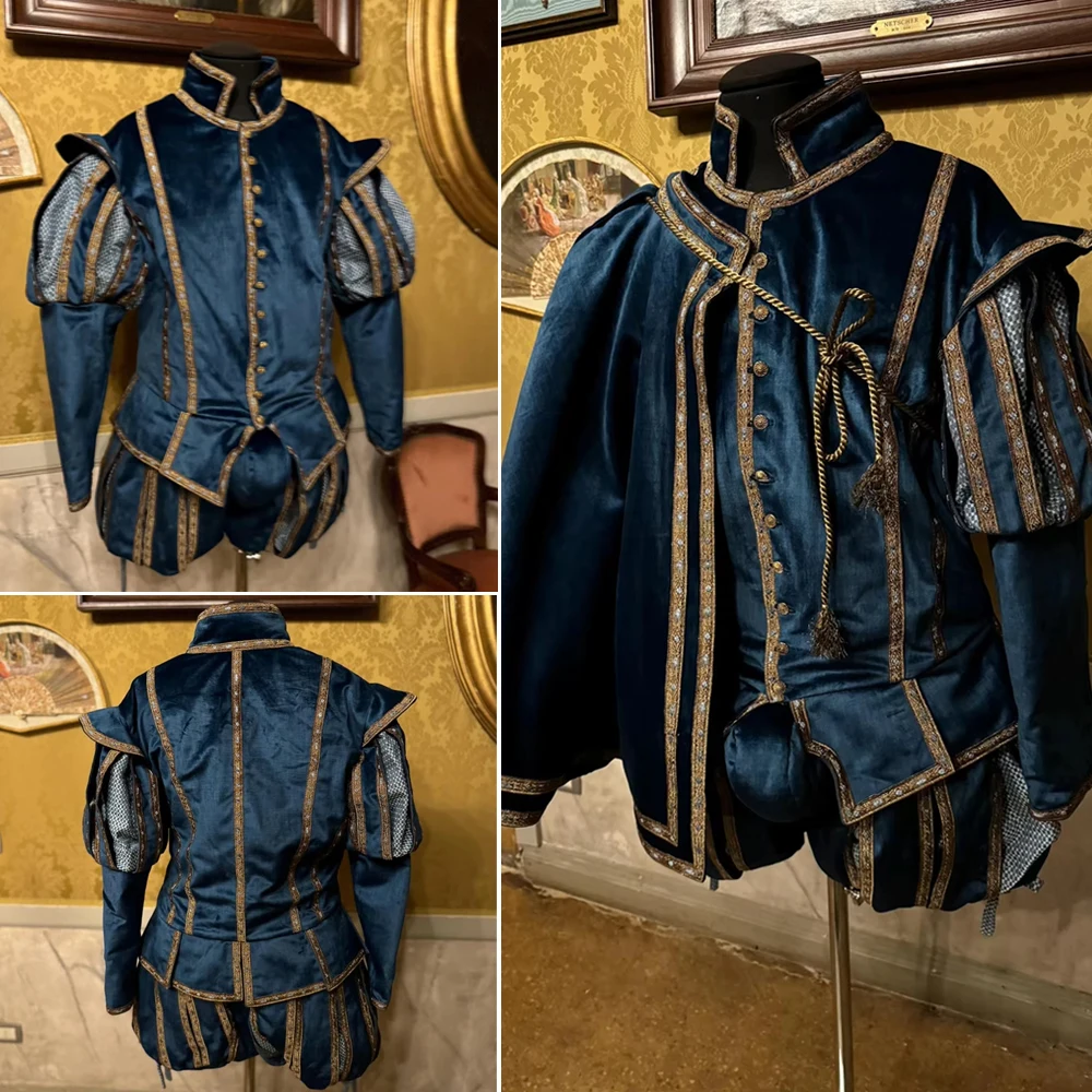 Mittelalterliches Renaissance-blaues Tudor-Edelmann-Prinz-König-Henry-Cosplay-Kostüm für Herren, elisabethanische Tudor-Kostüm mit Umhang Image