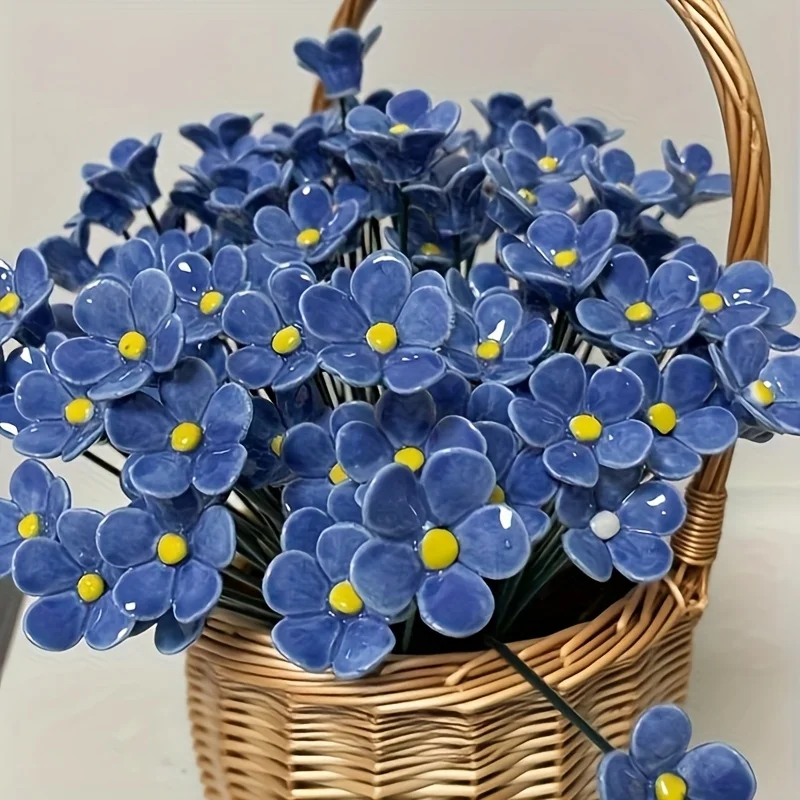 10pcs Blue Ceramic Forget-Me-Not Artificial Flowers Fade-Resistant Indoor and Outdoor Decoration Vases Lawns Garden Decoration