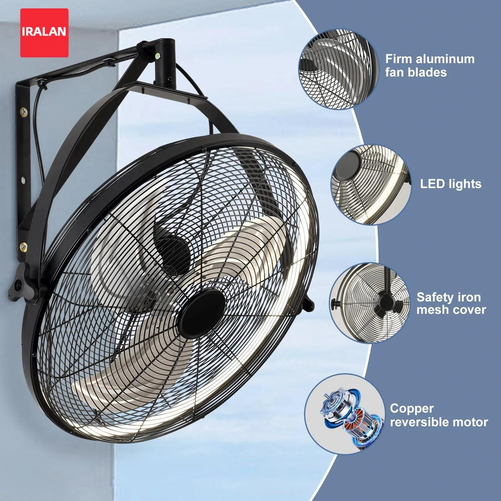 Montierter Wandventilator 360° ° Verstellbarer großer Deckenlampenventilator aus Metall, Ventilatorkollektion, industrielle kommerzielle Nutzung für Büro und Zuhause, 2-in-1-Ventilator Image