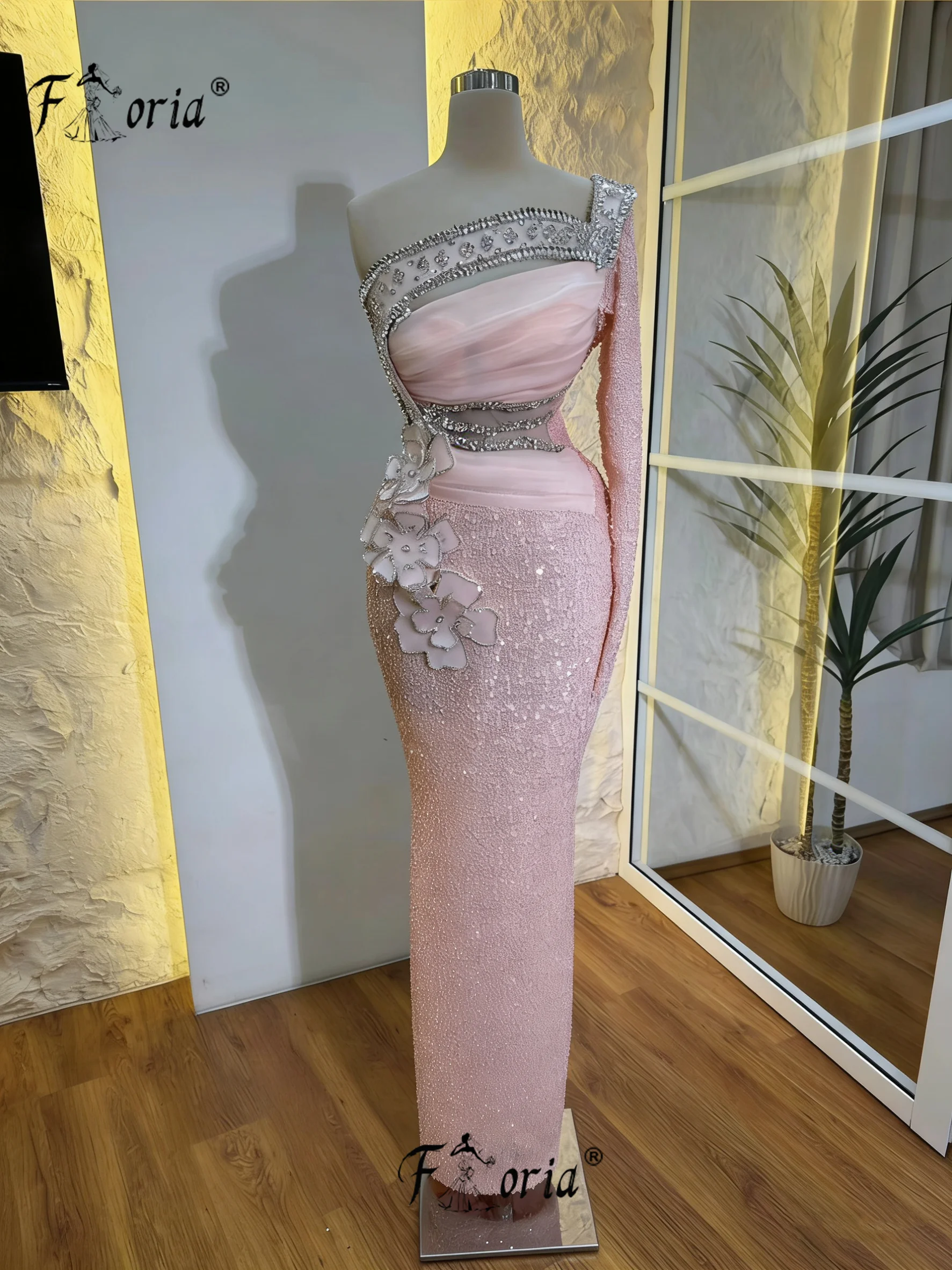 Elegantes rosa Ballkleid mit Perlen, One-Shoulder-Ärmeln, formelles Abendkleid, maßgeschneiderter Abschlussball, neue Roben, Longues Soir Quiz Morgante 2026