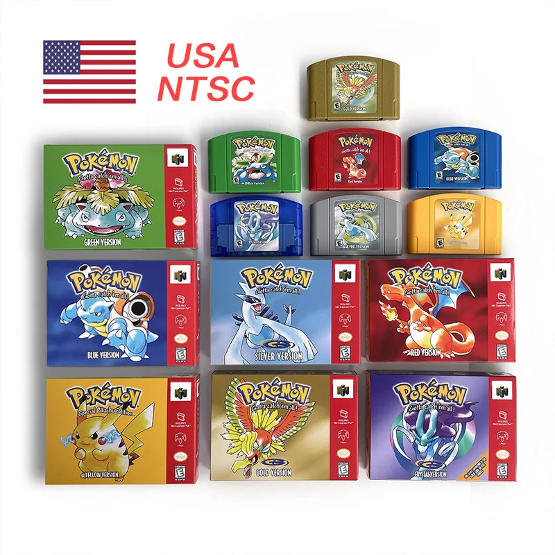 USA NTSC Pokemon Blau Kristall Rot Silber Gelb Gold Grün Spielkassette 64-Bit-Spielekonsolen mit Einzelhandelsverpackung für N64 Image