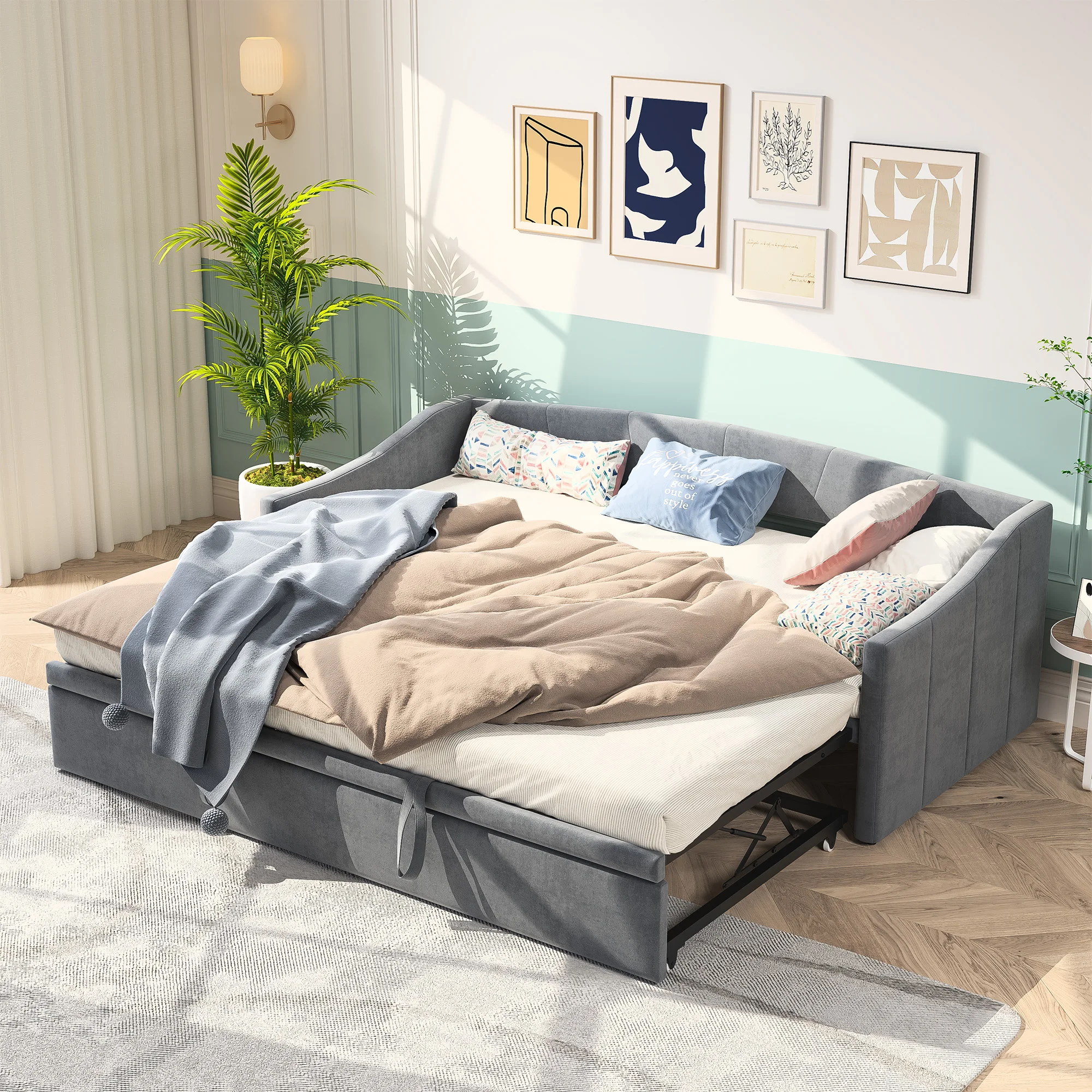 Comanlai Schlafsofa, ausziehbares Schlafsofa mit Lattenrost aus Holz, 2-Sitzer-Sofa mit ausziehbarem Bett, für Wohnzimmer, Samt, Grau