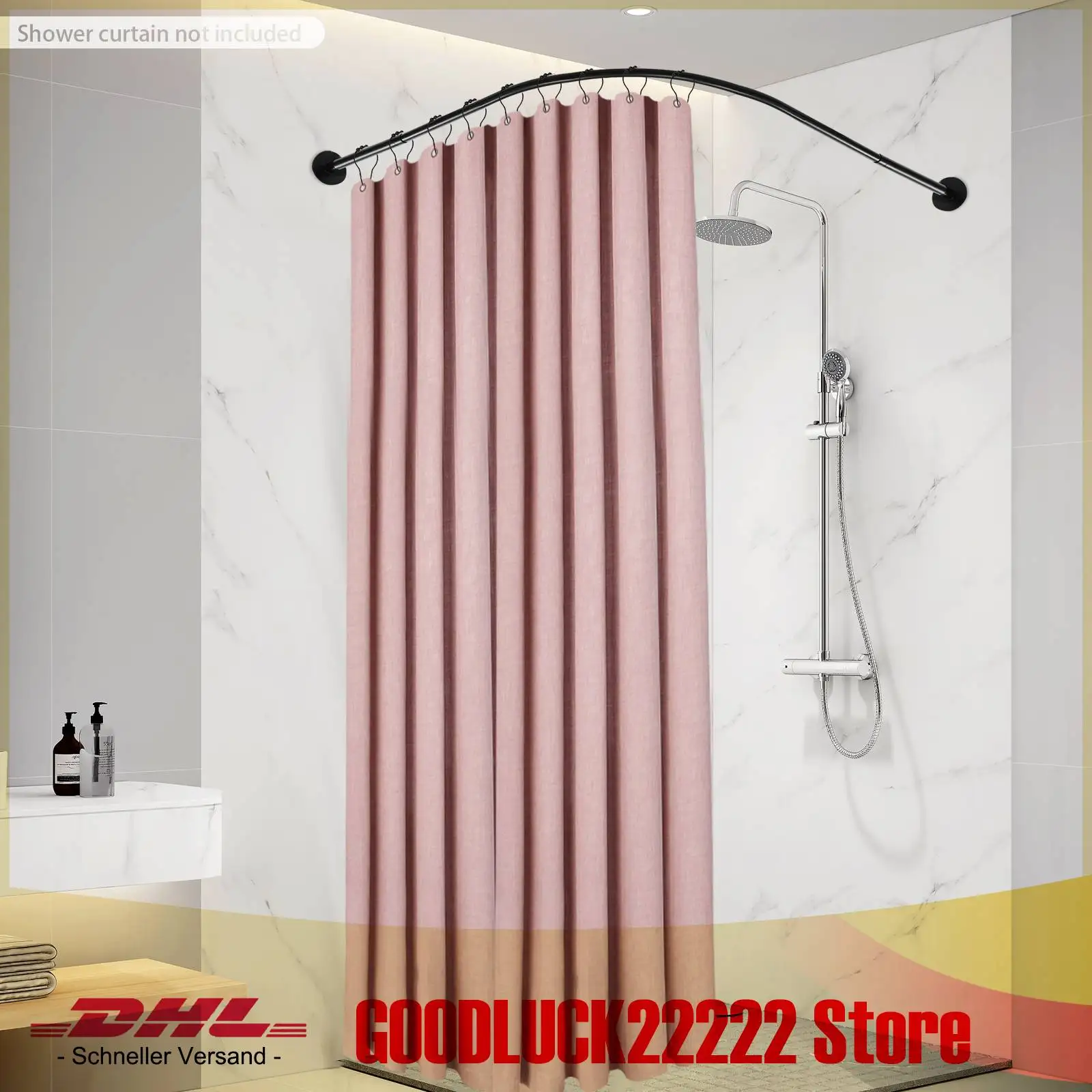 Duschvorhangstange aus Edelstahl, robuste, verstellbare Spannstange, 44 Pfund Belastung, keine Bohrinstallation für Badezimmer, Schwarz