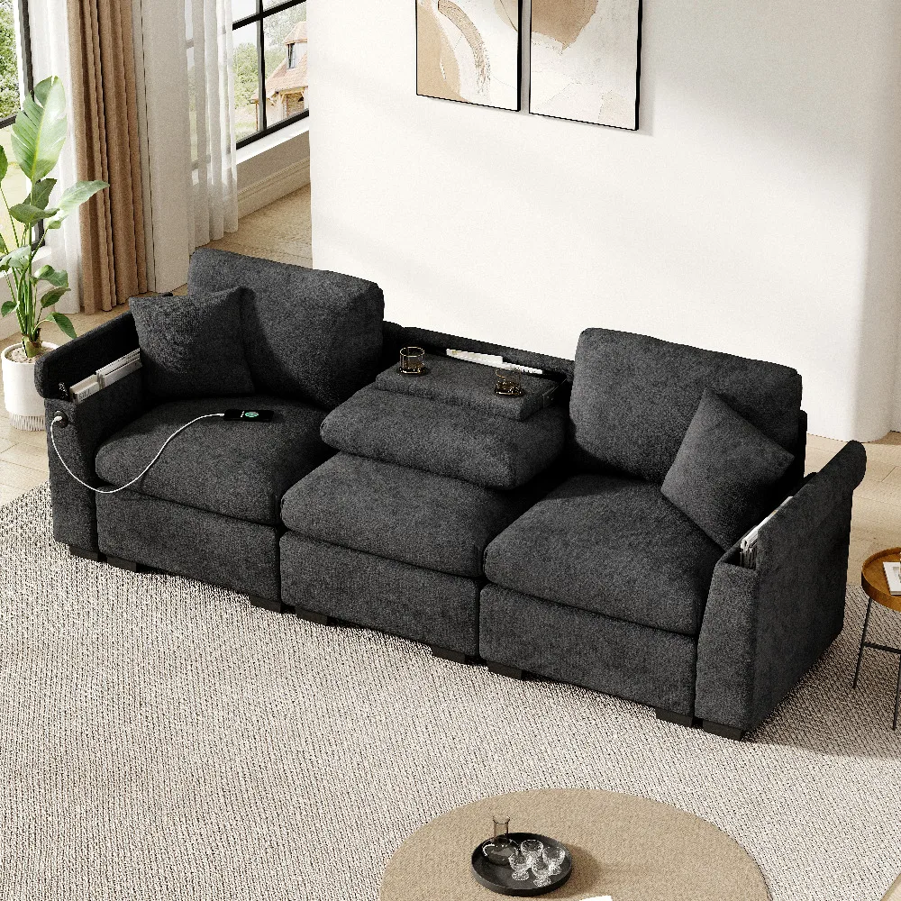 Modernes Dreisitzer-Sofa aus Chenille, Stoffsofa mit Kissen, Klapptisch und USB-Anschluss, Getränkehalter und Stauraum