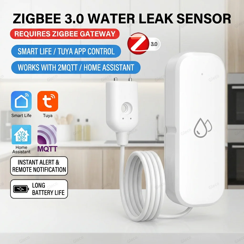 ZigBee Wasserlecksensor Alarm Smart Home Überschwemmungsleckdetektor mit Sicherheitsschutz für Tuya Smart Life Z2M, erforderliches Gateway Image