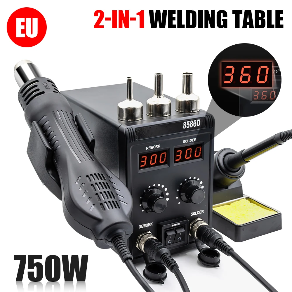 220 V JCD 8586D Lötstation 2 IN 1 Heißluftpistole Lötstation mit 2 Digitalanzeigen, 10-Minuten-Schlafmodus für SMD-Nacharbeit Image