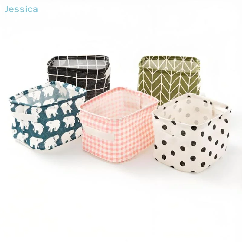  Zusammenklappbarer Aufbewahrungskorb aus Baumwollleinenstoff für Kleinigkeiten für Zuhause, Schlafzimmer und Schrank (Eisbär/kariert/Polka Dot Designs)