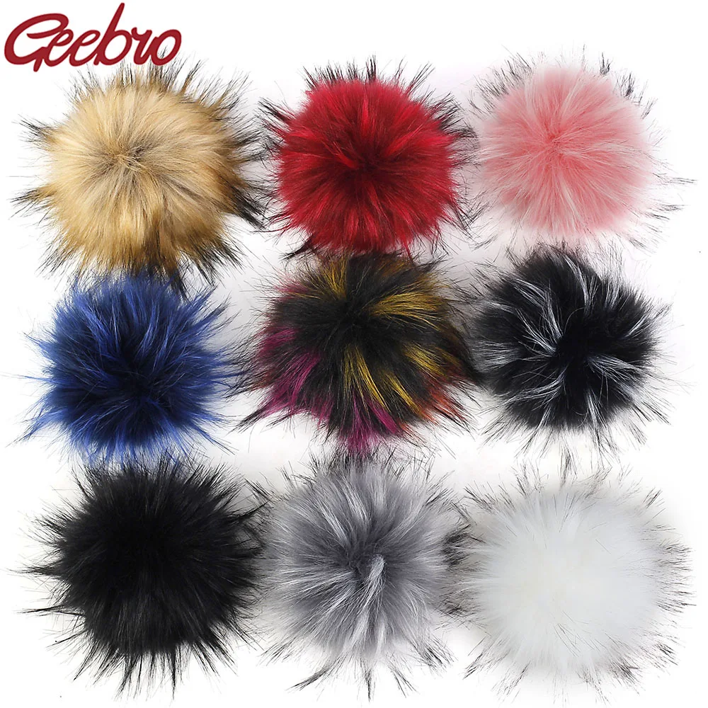 Geebro 15CM handgemachte DIY Haarballen Hut Beanie Bälle Kunstpelz Pom Pom Wollknäuel mit Schnalle Taschen Zubehör weibliche Wintermützen Image