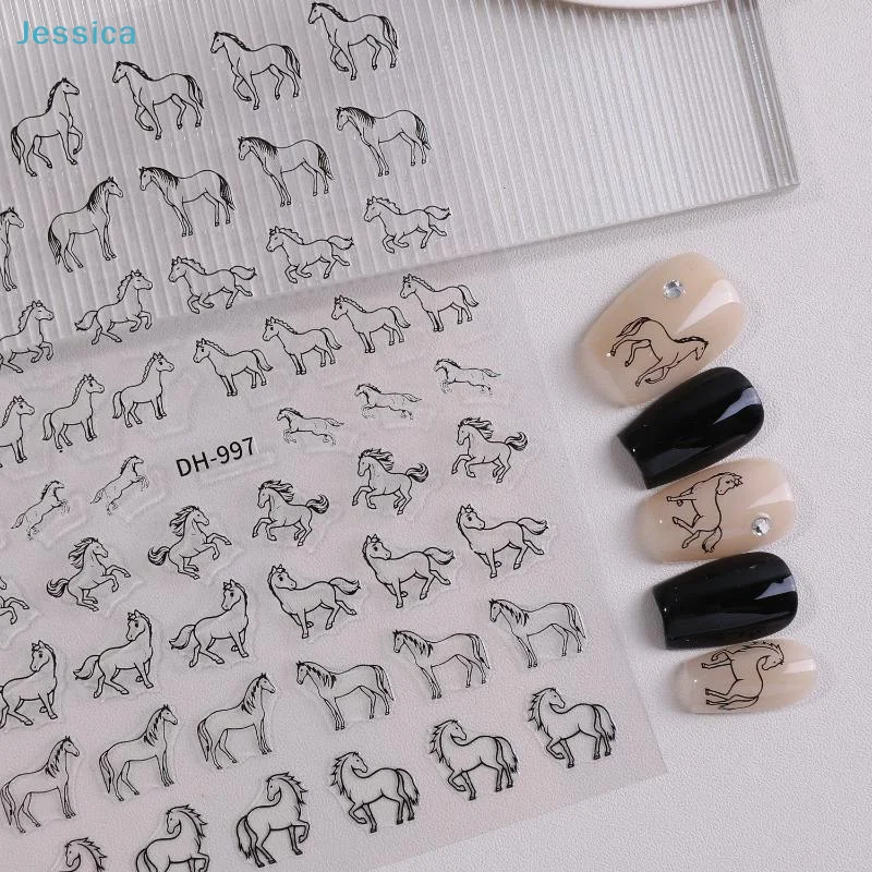  Nail-Art-Aufkleber mit Pferdemuster – selbstklebende Maniküre-Aufkleber in Schwarz und Weiß, mehrere Posen für stilvolle Nageldesigns Image