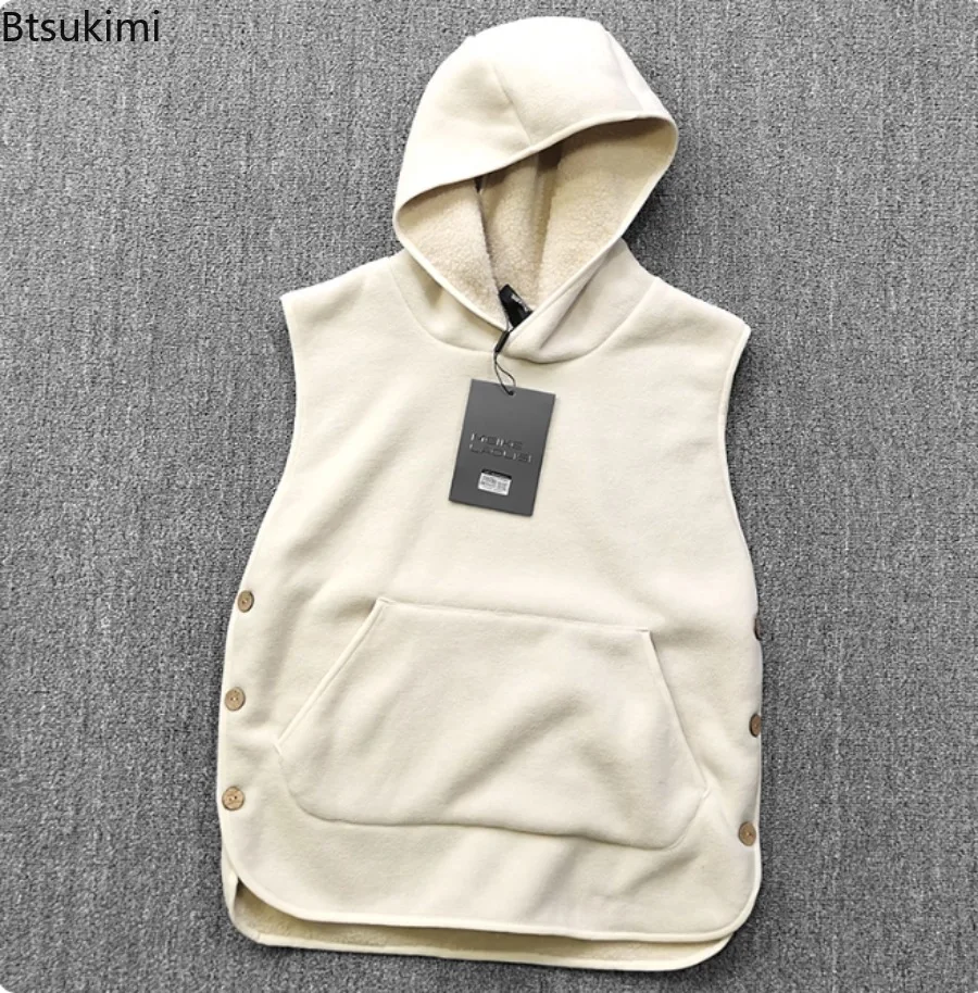 2026 Winter männer Ärmellose Westen Weichen Bequemen Fleece Verdicken Mit Kapuze Einfarbig Casual Lose Warme Einfache Männliche Weste Image