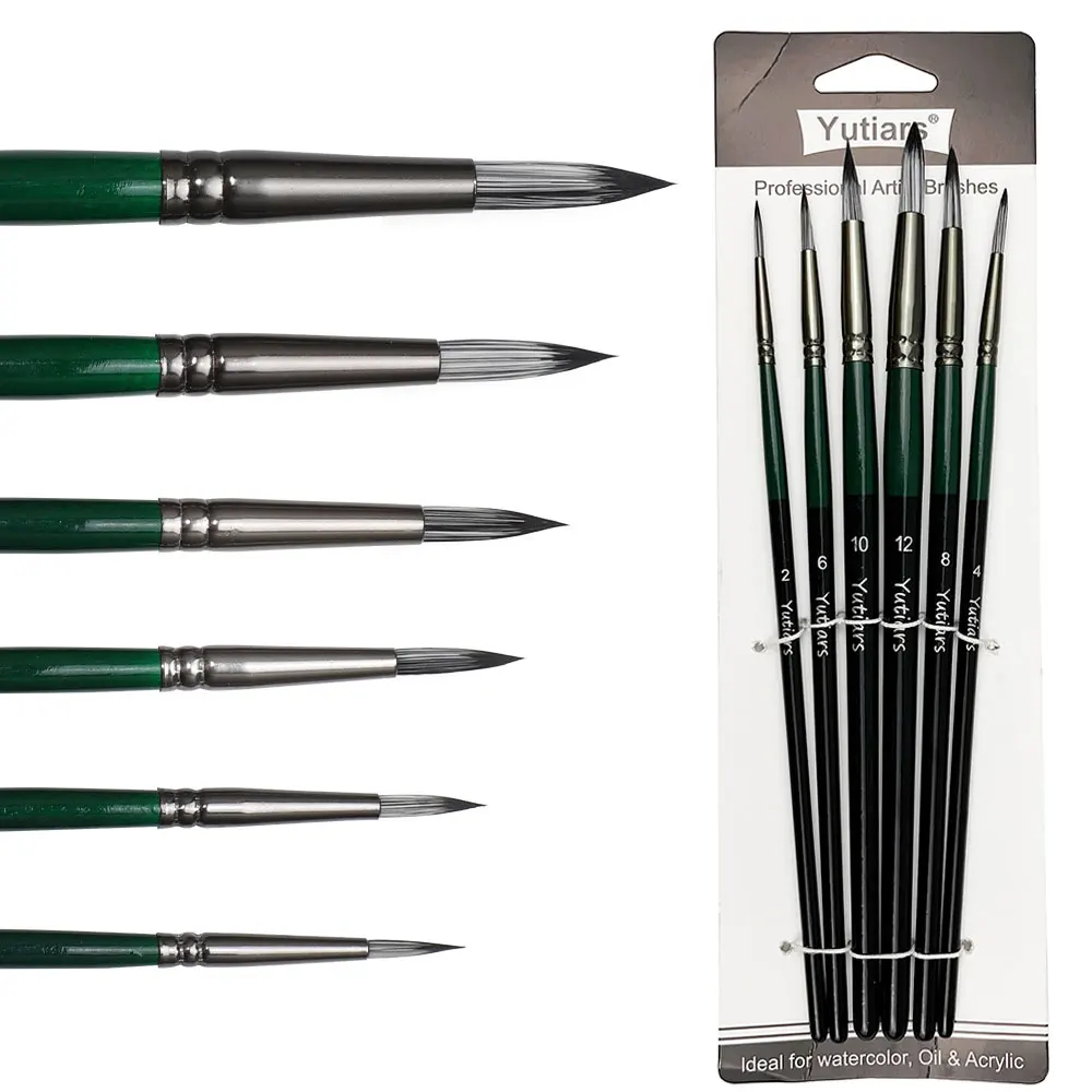 6-teiliges Kunstpinsel-Set mit runden Details, Nylonborsten, Holzgriffe für Aquarell, Acryl, Öl, Tinten, Gouache und Tempera Image