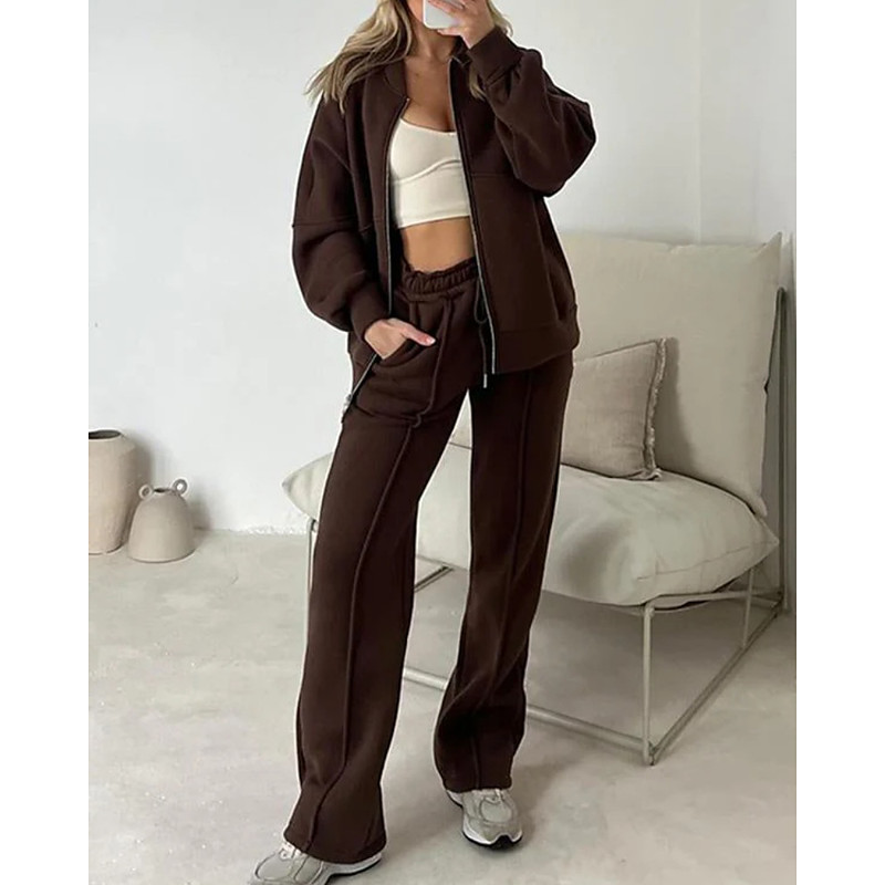 Women's Fashion Streetwear Tracksuit Pants Sets Bolero Top Long Sleeve Stand Collar Plain Zipper Casual Daily Outdoor Army Green Dark Green Brown Summer Regular Fit