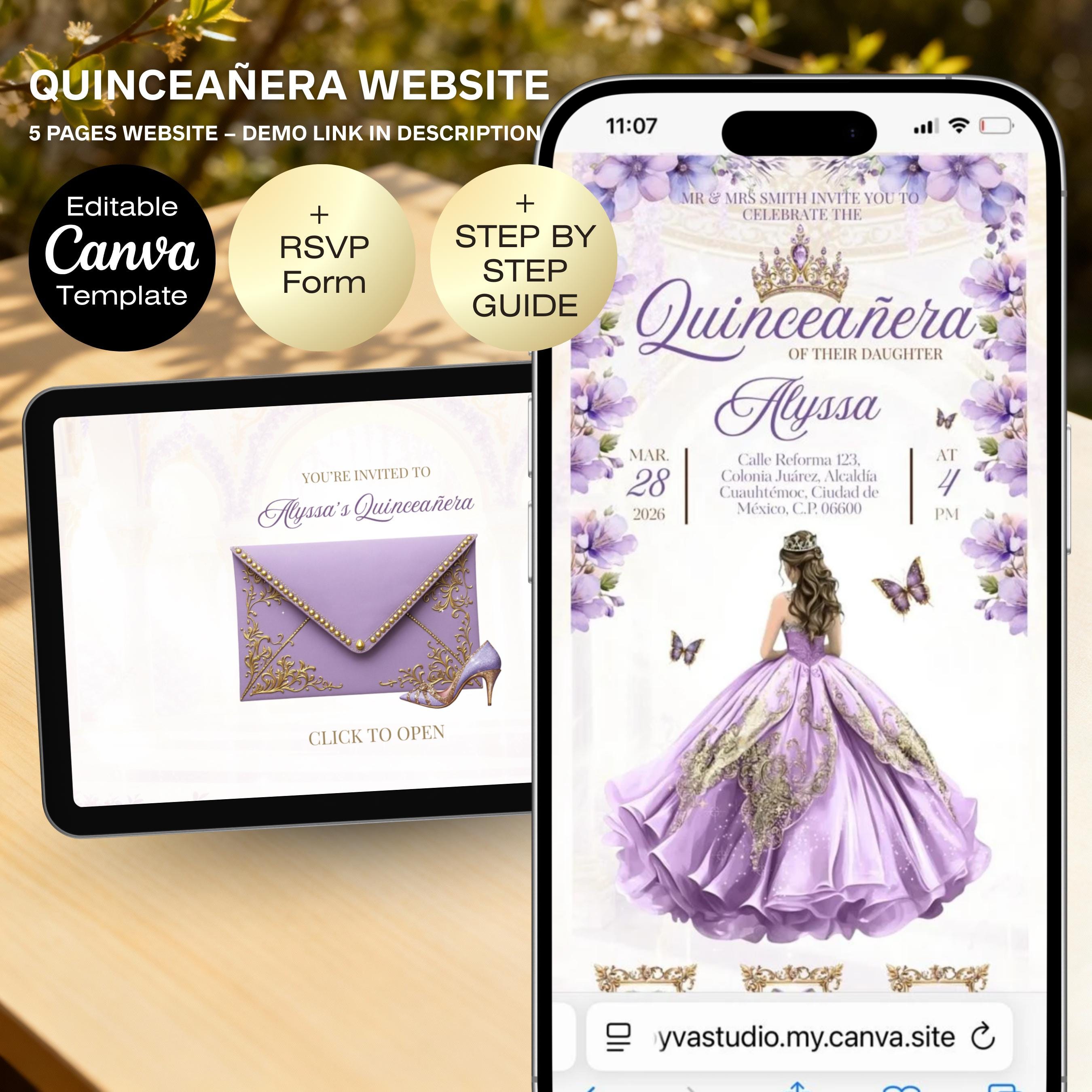 Sito Web di invito Quinceañera / Modello Canva modificabile per il 15o compleanno / Sito Web di Quince digitale / Tracker RSVP / Invito Quinceañera al