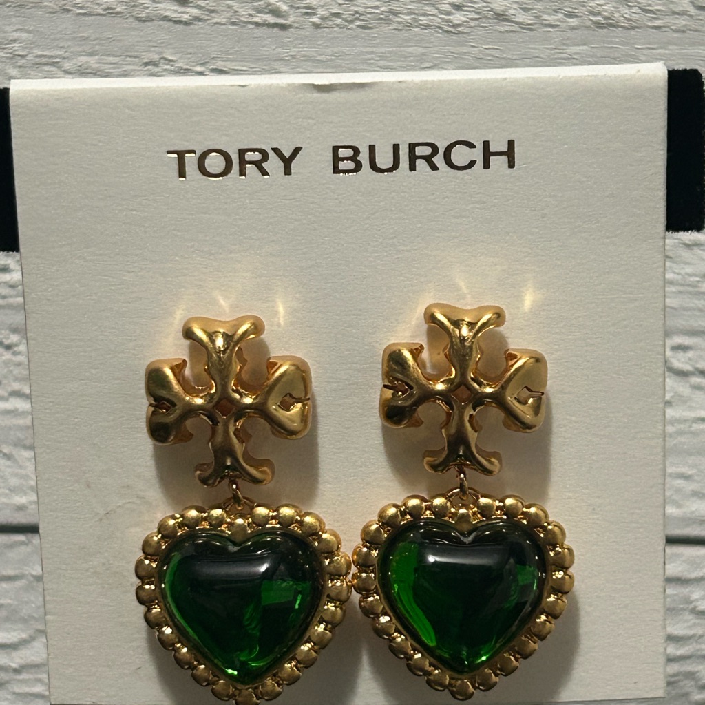 Tory Burch Jewelry | Tory Burch Gold And Green Heart Drop Earrings | Color: Gold/Green | Size: Os