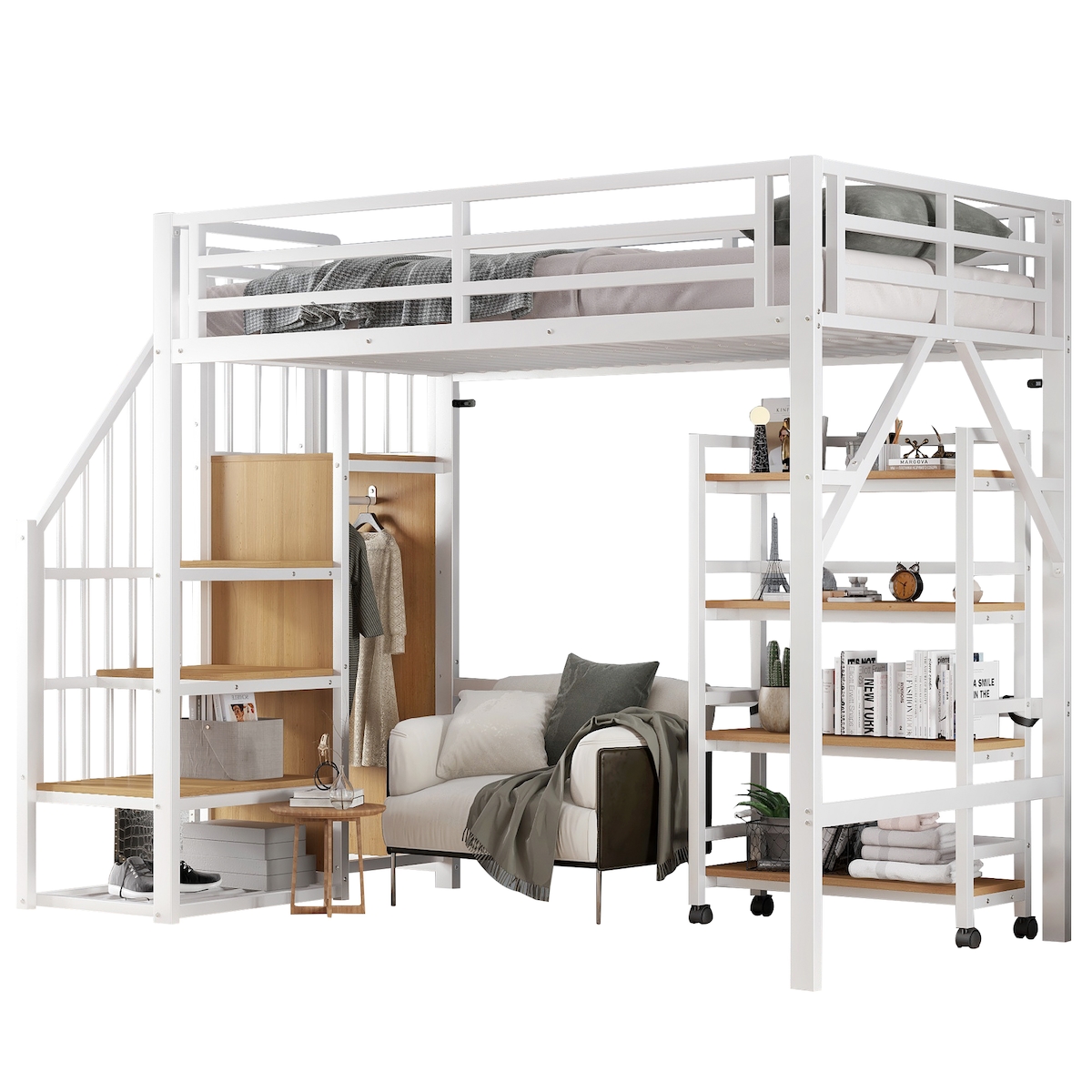 MODFU Eisenbett 90x200 Hochbett Metallbett mit Sicherheitsgeländer Eckleiterschrank Rollregal Lattenrost platzsparend Schlafzimmer Weiß Natur Image