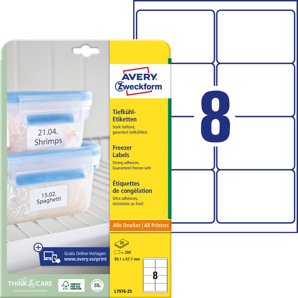 Avery Zweckform L7976-25 Tiefkühl-Etiketten, 99,1 x 67,7 mm, kälteresistentes Papier, 25 Bogen/200 Etiketten, weiß Image