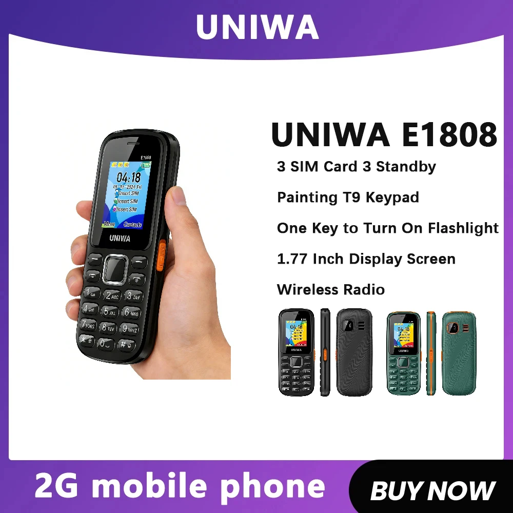 UNIWAE1808 caractéristique téléphone 3 carte SIM 3 veille radio sans fil lampe de poche haut volume pour personnes âgées 2G clavier téléphone portable