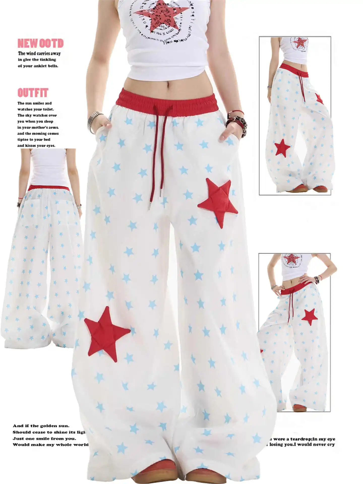 Weiße Baggy Star-Hose für Damen, Übergröße, Jogginghose mit Gummiband, Harajuku, japanischer 2000er-Jahre-Stil, Y2k-Vintage-Hose, Kleidung