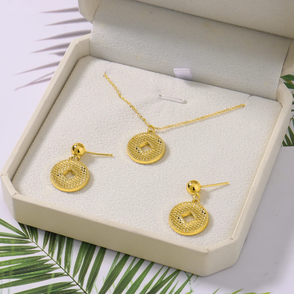 Dubai Goldfarbenes Anhänger-Halsketten-Ohrringe-Schmuckset für Damen, Kostüm-Halsketten-Ohrringe-Sets, nigerianische Hochzeitsgeschenke Image