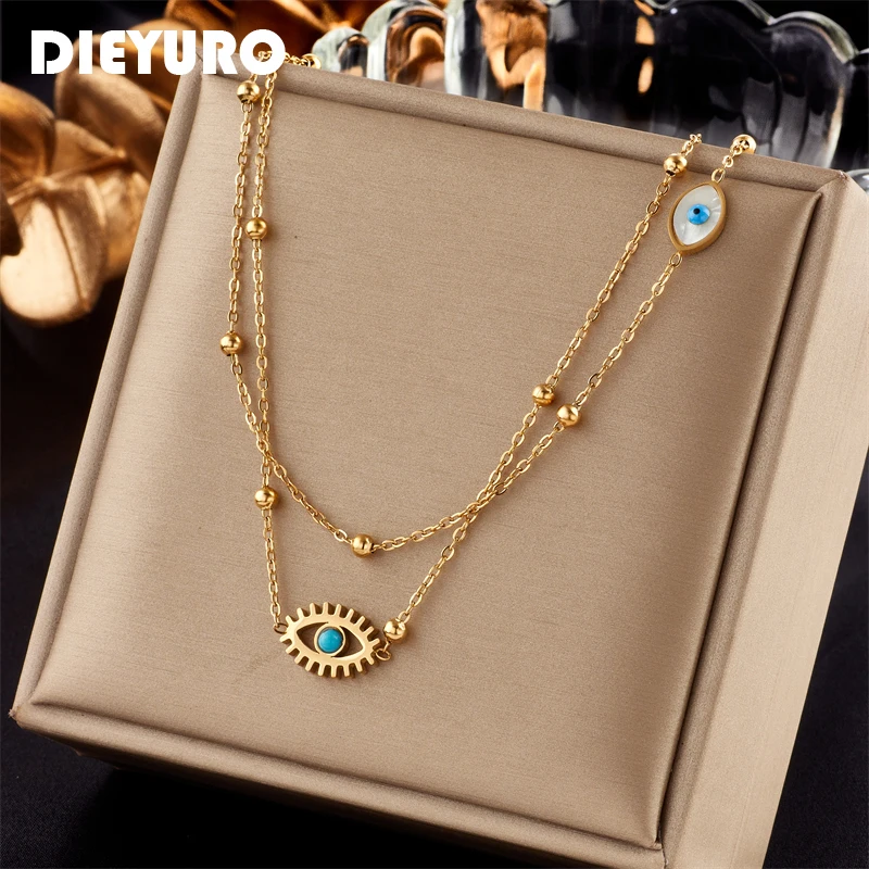DIEYURO Collana con ciondolo occhio 2in1 multistrato in acciaio inossidabile 316L per le donne Nuove ragazze Catene clavicola Gioielli Regali di compleanno