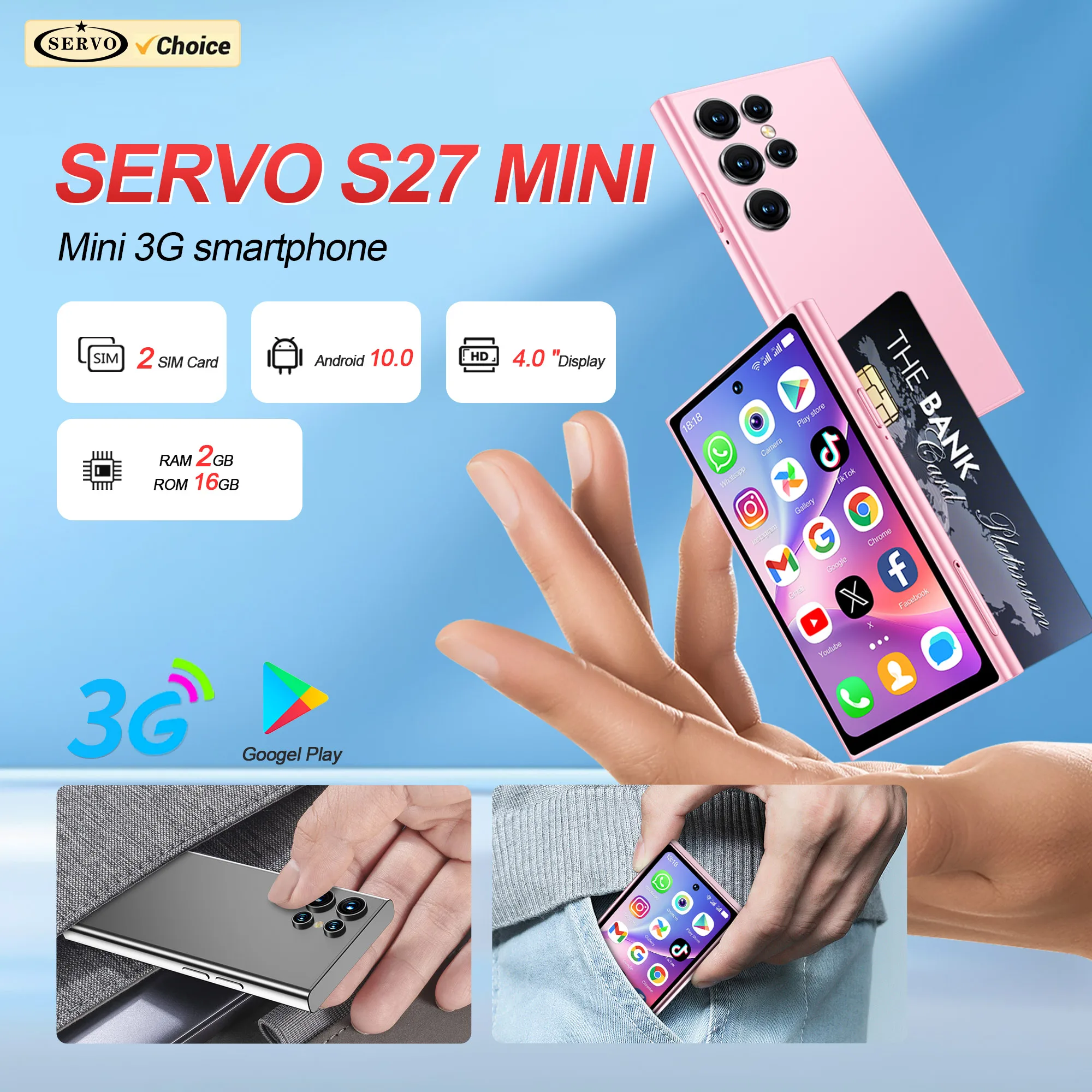 SERVO S27 MINI Android Palm Smartphone 3G WCDMA RAM 2GB ROM 16GB Google Play Face Unlock Dual SIM 4.0" Display Mini-Smartphones Image
