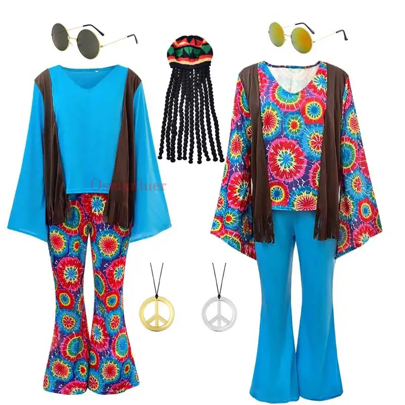 Männer Frauen Retro 60er Jahre Hippie Kostüm 70er Jahre Land Sänger Cosplay Top Hosen Vintage Hip-Hop Paar Cosplay Halloween Kostüm Image