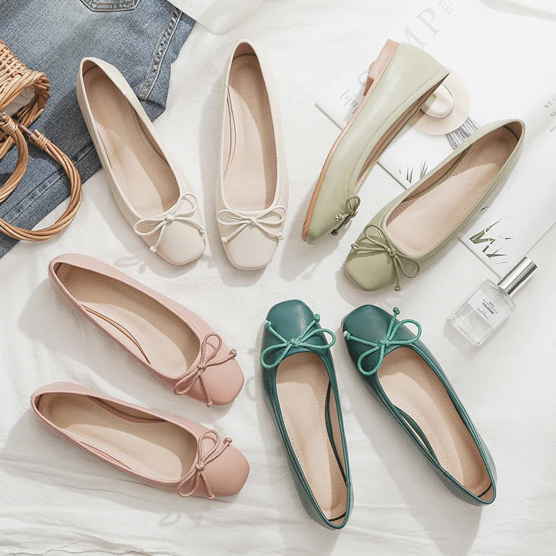 Frauen Wohnungen Quadratischen Kopf Bowknot Rosa Ballett Wohnungen für Frauen Kleine Größe 31 32 33 34 Große Größe 44 45 46 Einfarbig Weiche Sohle Bogen