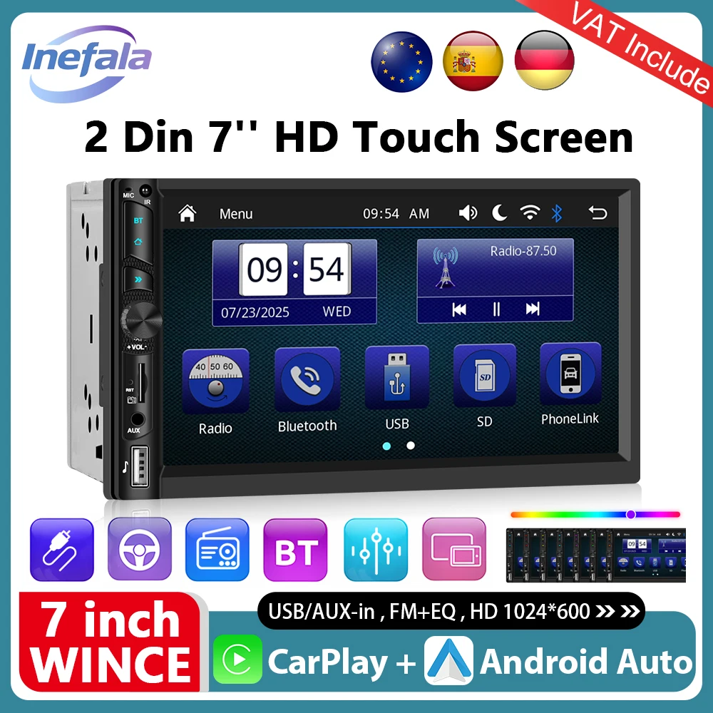 Podofo 7 "CarPlay Auto Radio Lettore Multimediale Android Universale 2Din Autoradio TFT Capacità Touch Screen MP5 GPS Unità Stereo