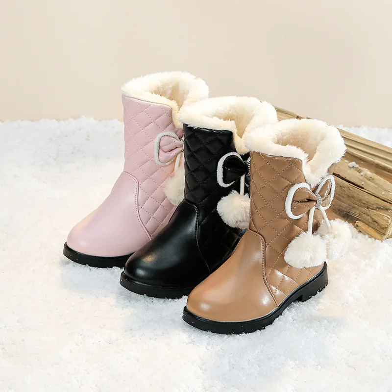 Kids'Casual Schuhe Lange Stiefel PU Leder Einfarbig Winter Schuhe Für Mädchen Warme Anti-slip Schwarz Rosa Schuhe Größe 27-37