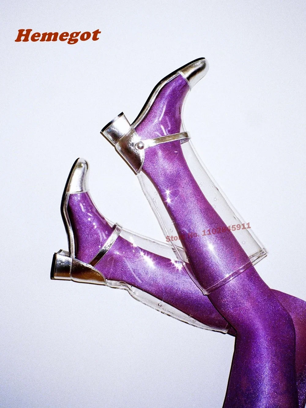 Kniehohe Stiefel mit runder Zehenpartie und durchsichtigem Vinyl-Schaft, Knopf-Blockabsatz, glänzende PVC-Patchwork-Damenstiefel, Übergröße 46, Freizeitschuhe