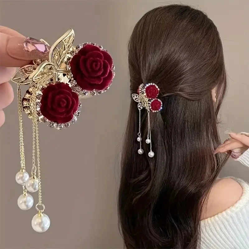1pc Vintage Elegante Rote Beflockte Rose Quaste Haar Clip Stilvolle Pferdeschwanz Klaue Krabben Clip für Mädchen Frauen Zarte Haar zubehör