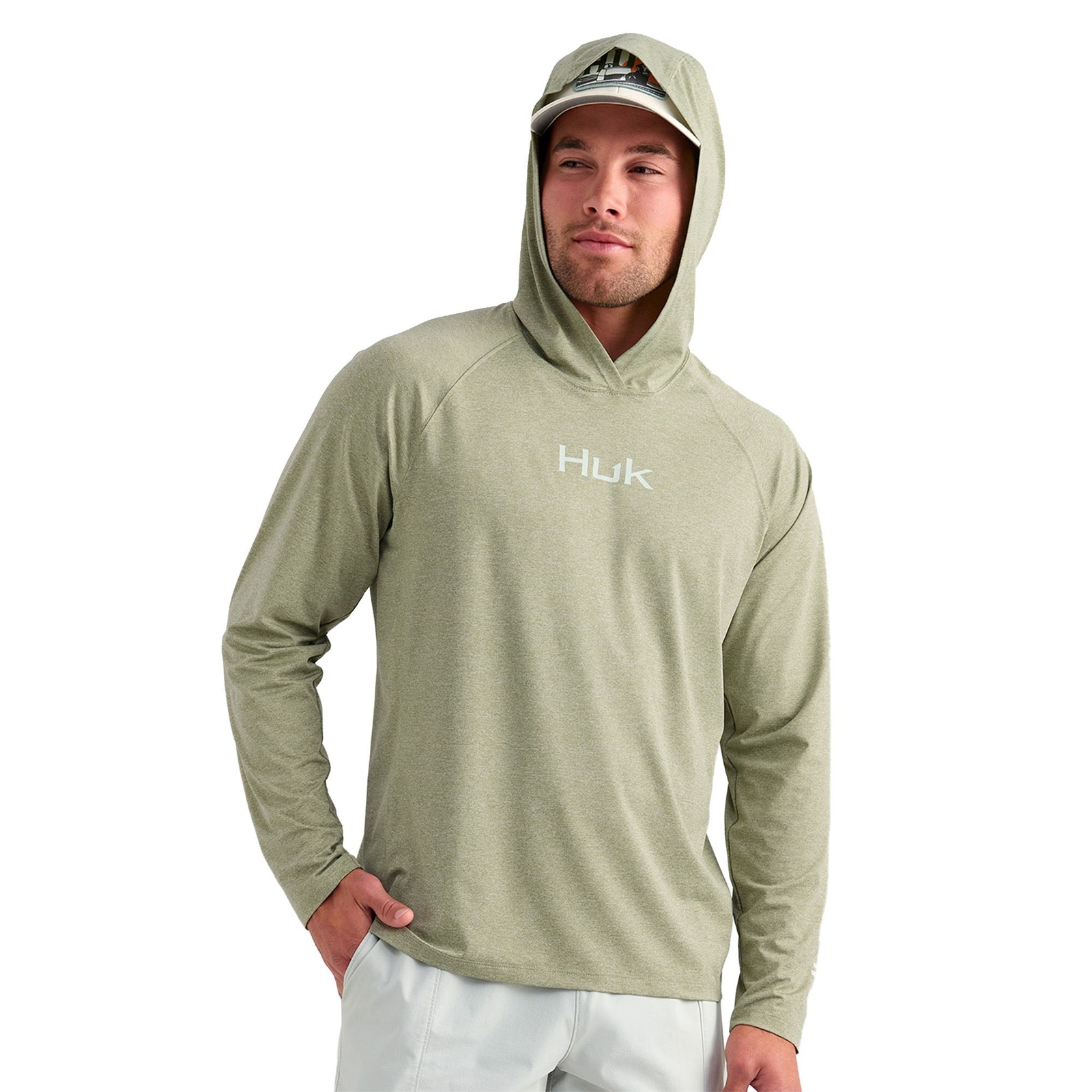 HUK Men's Airweight LS Hoodie (Size XXXL) Seagrass Heather, Polyester,Spandex