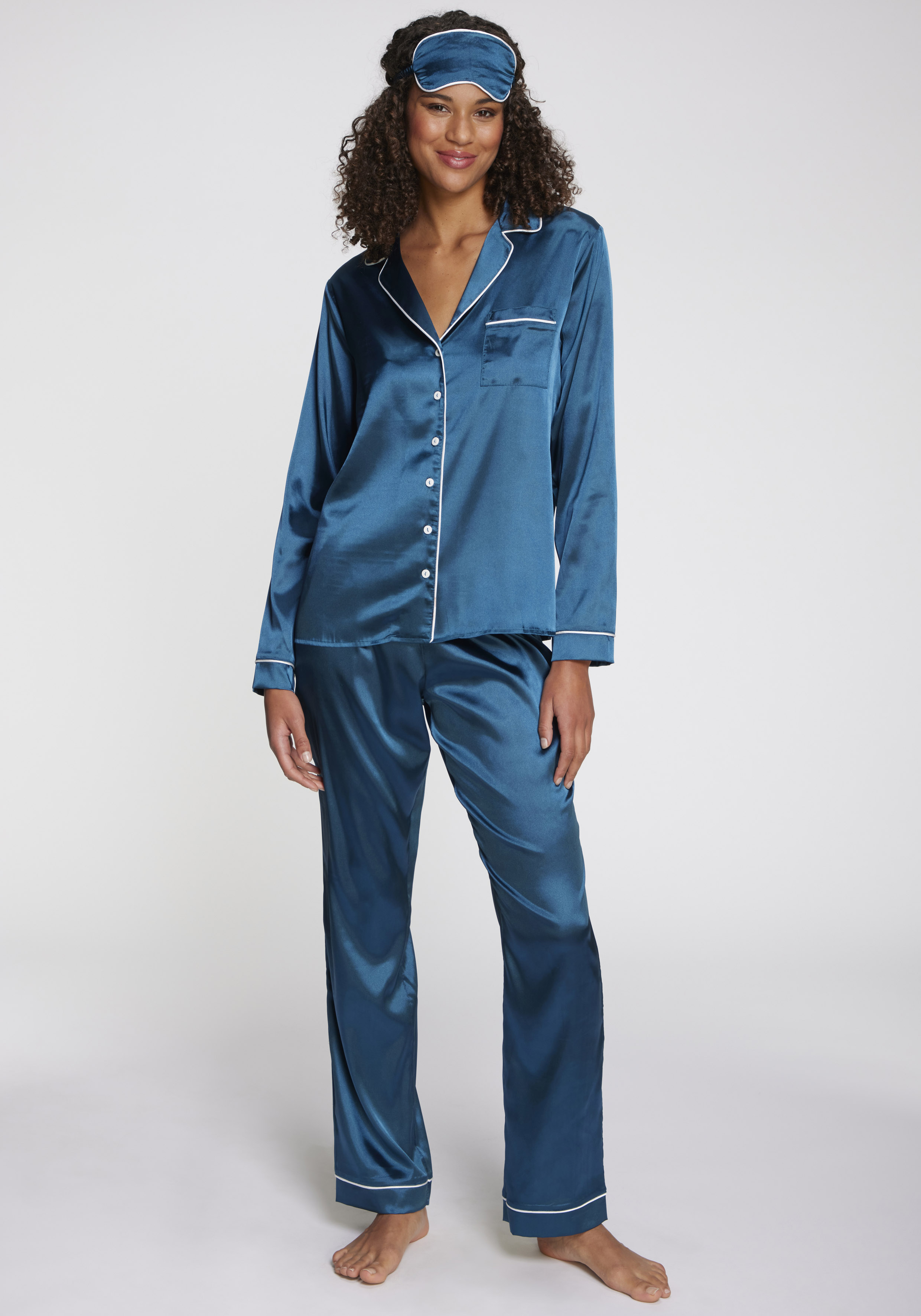 Pyjama S.OLIVER, Damen, Gr. 42, dunkelgrün, Webqualität, Obermaterial: 95% Polyester, 5% Elasthan, unifarben mit Farbeinsatz, regular fit lang, V-Ausschnitt, Manschette, Homewear-Sets Pyjama, Mit schöner Schlafmaske