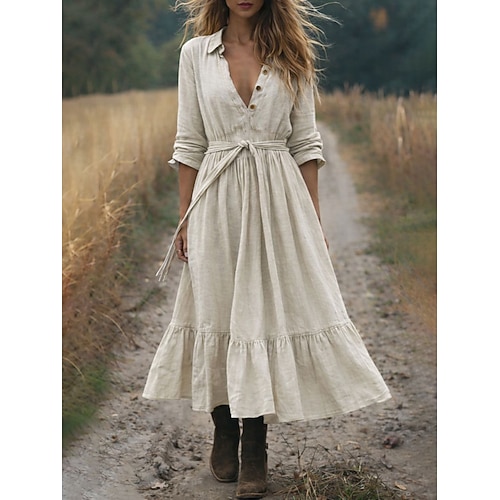 Damen Maxikleid A Linie Kleid Lässig Täglich Lässiger Schnitt Einfach Langarm Revers Rote Beige Sommer Herbst Image