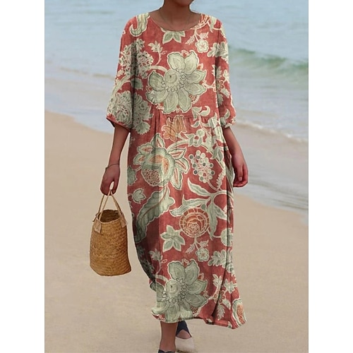 Womens Maxikleid Leinenähnlich Atmungsaktiv Leicht Sommerkleid Shift Kleid A-Linie Kleid Sommer Kleid Urlaub Lässig Boho Täglich Strand Urlaub 3/4 Länge Ärmel Rundhalsausschnitt Boot Image